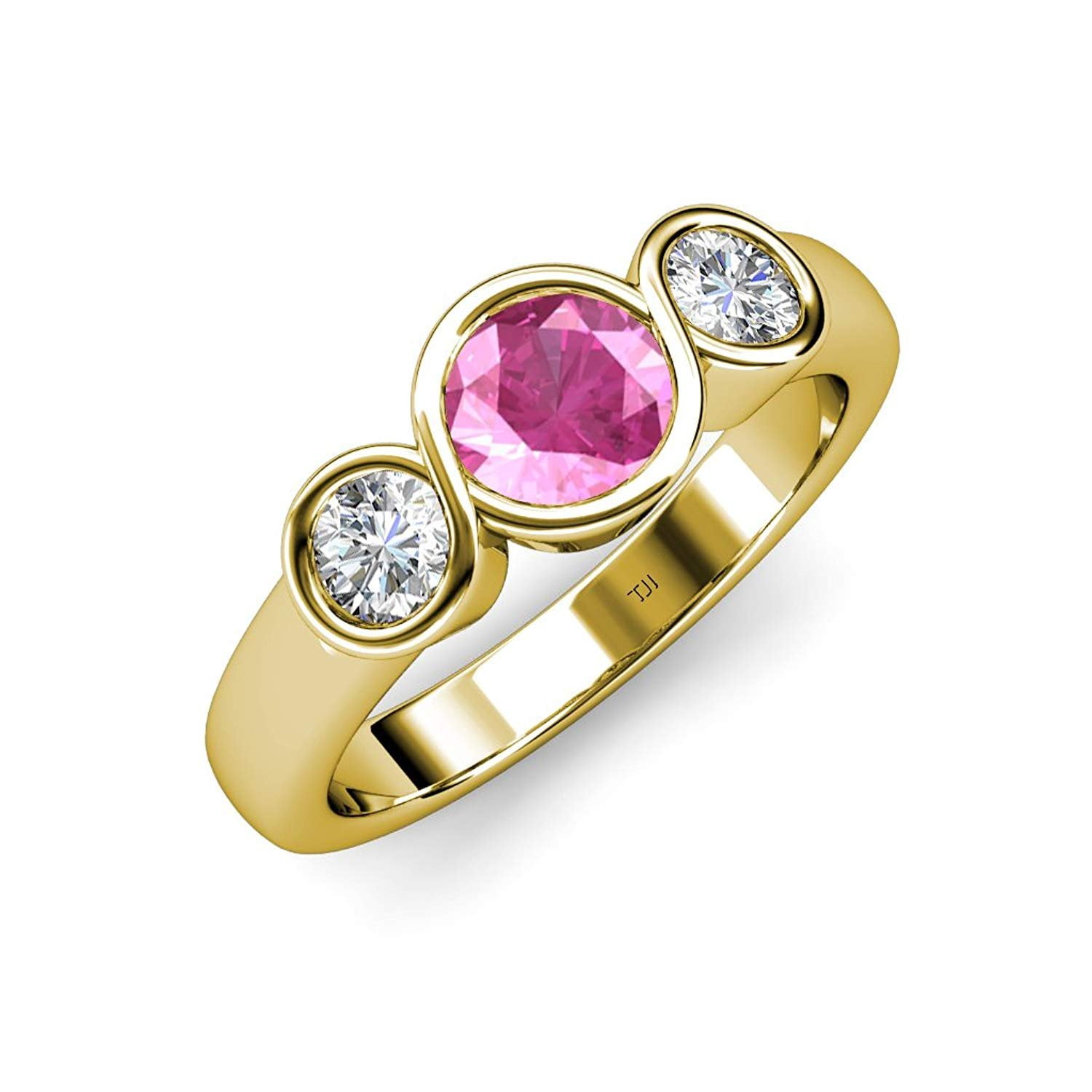 Pink Sapphire and Diamond (SI2, G) Infinity Three Stone Ring 1.85 ct tw in 14K Yellow Gold.size 9.0 by TriJewels