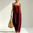 thumbnail image 5 of Women's Linen-Blend Sleeveless Jumpsuit - Spaghetti Strap Wide Leg Romper with Pockets, Loose Fit Casual One-Piece for Spring & Summer Wine M, 5 of 5