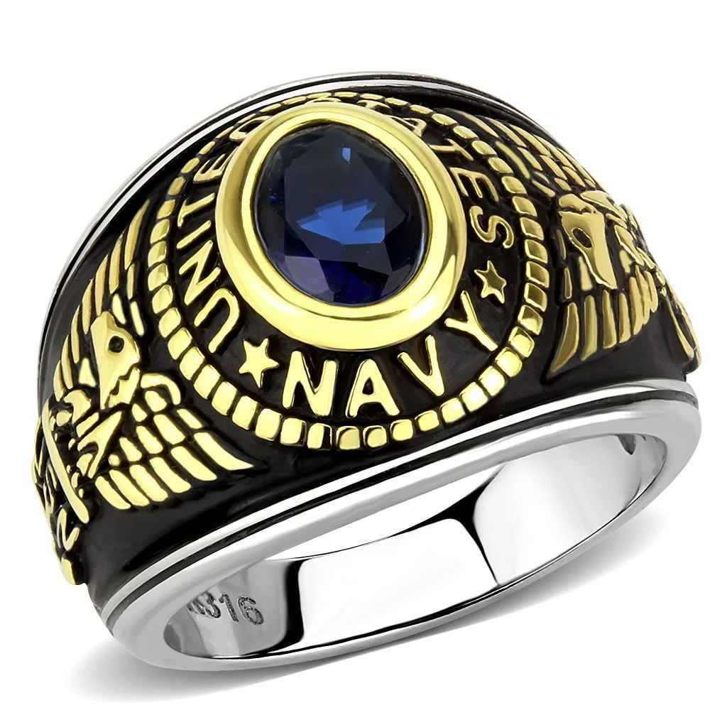 U.S NAVY MILITARY GOLD 18K ELECTROPLATE RING SAPPHIRE CRYSTAL U.S MADE SIZE 10 