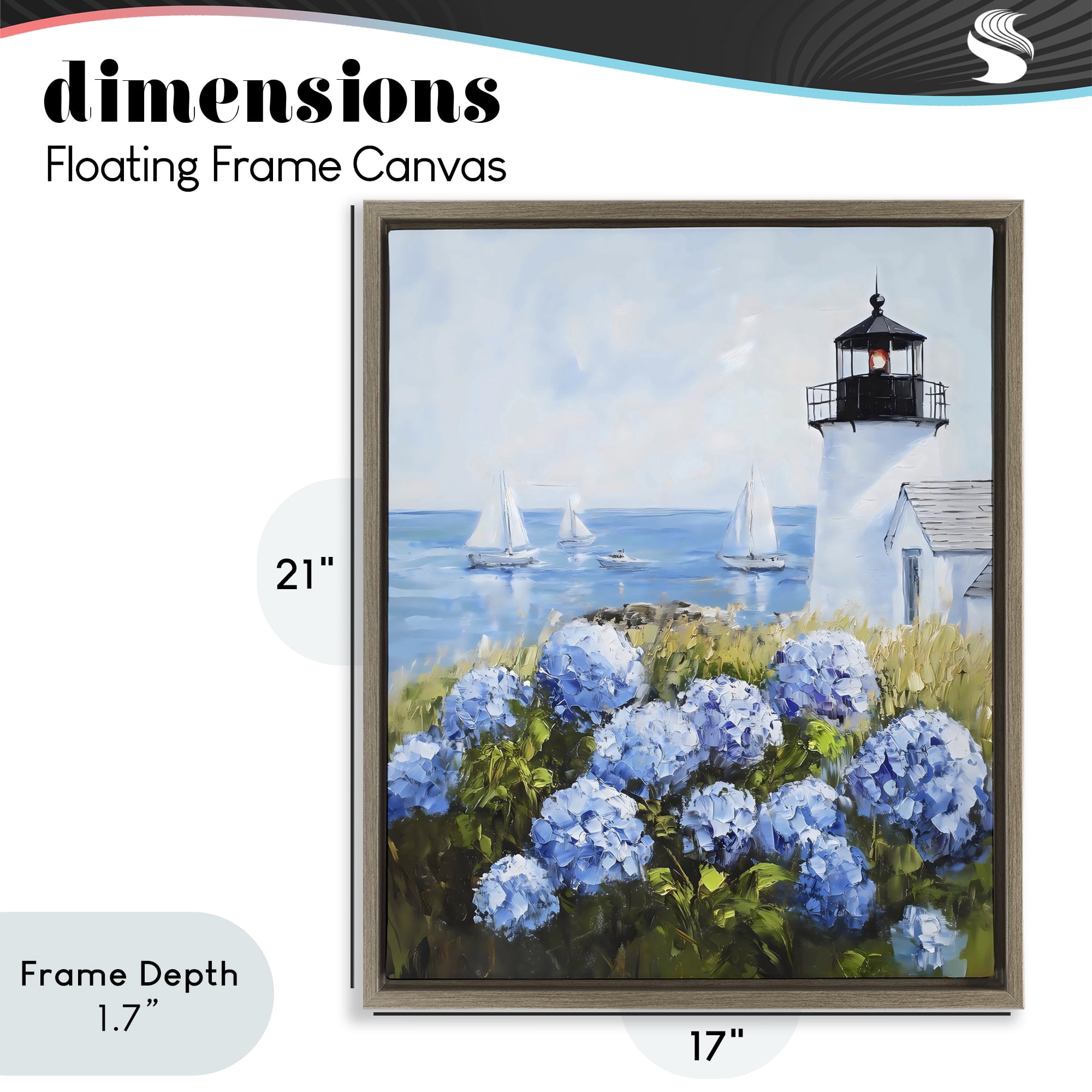 Stupell Industries Lighthouse Surrounded by Hydrangeas Brown Framed Floater Canvas Wall Art, design by Arlington Prints