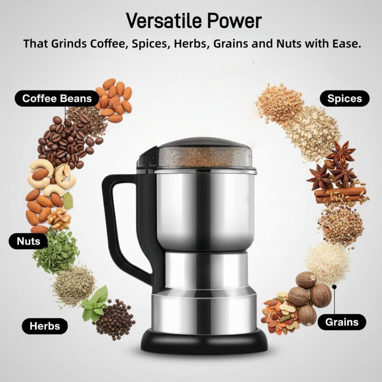 Electric Coffee & Spice Grinder, 400W 14oz Large Capacity with 304 Stainless Steel Blades, Fine Powder Grinder for Beans, Herbs, Grains, Nuts – Compact & Easy to Use