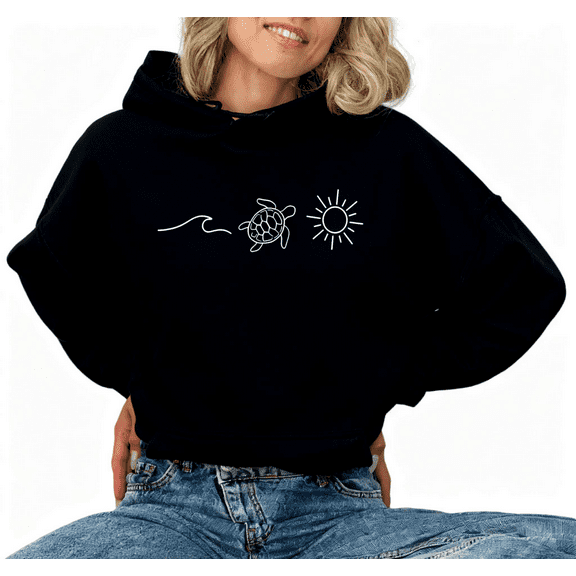 Black Graphic Sweatshirt Print Hoodie Sweatshirt S-2XL Turtle Wave Beach Casual Tops