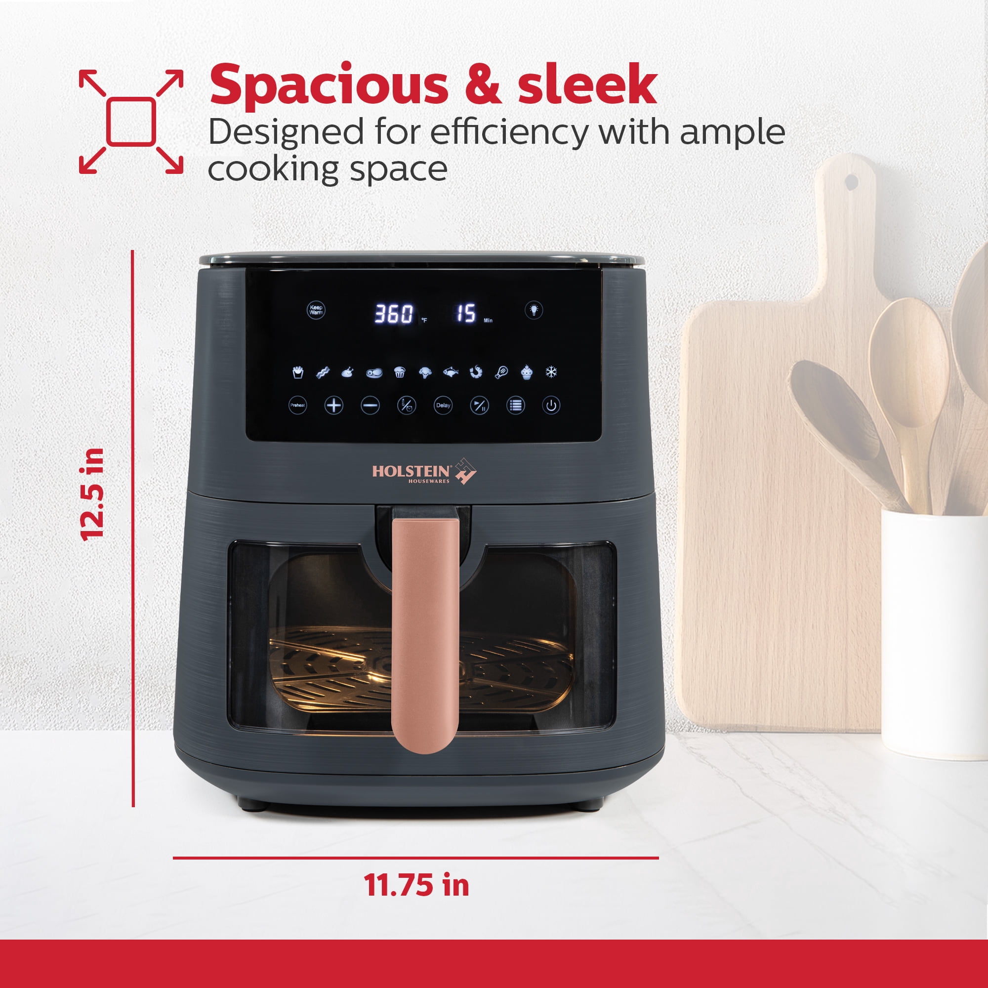 Holstein Housewares 7.6QT DIGITAL AIR FRYER ROSE GOLD – Large Capacity, LED Touchscreen, Viewing Window, 11 Presets, Preheat & Keep Warm Functions, Hot Air Technology for Healthier Cooking