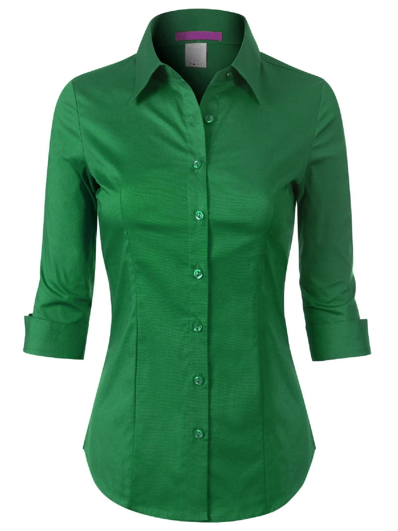 Made by Olivia Women's 3/4 Sleeve Stretchy Button Down Collar Office Formal  Casual Blouse Shirts Top Kelly Green 2XL - Walmart.com