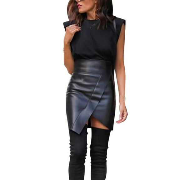Ousvtion Women Faux Leather Skorts High Waisted PU Skirts Elastic Waist Ruched Wrap Skirt with Slit Sexy Skort Nightclub Costume Clearance Saving,Black,M