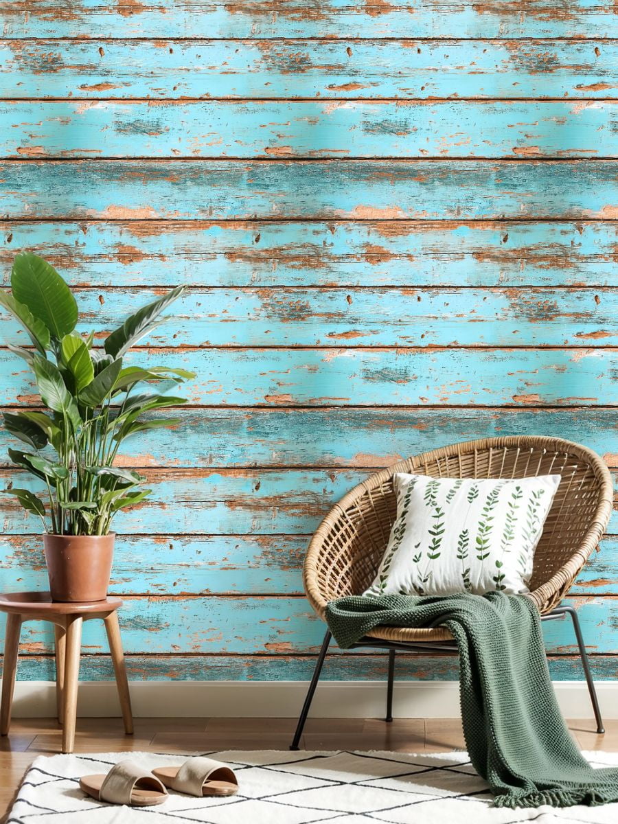 Peel and Stick Wallpaper Distressed Turquoise Wooden Planks Texture Rustic Wall Mural 23.6in x 9.8ft Self Adhesive Removable Wall Paper Renter Friendly Wallpaper for Nursery Bedroom Cabinets