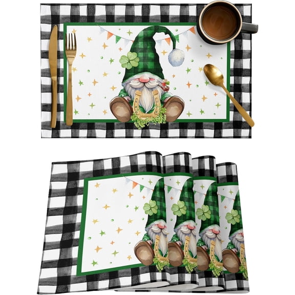 St. Patricks Day Green Placemats, Lucky Shamrock Clover Gnome Table Mat Linen Place mats Set of 4, Washable Farmhouse Placemat 19x13 Inch Rectangle Cloth Place Mats for Kitchen Dining Indoor Outdoor