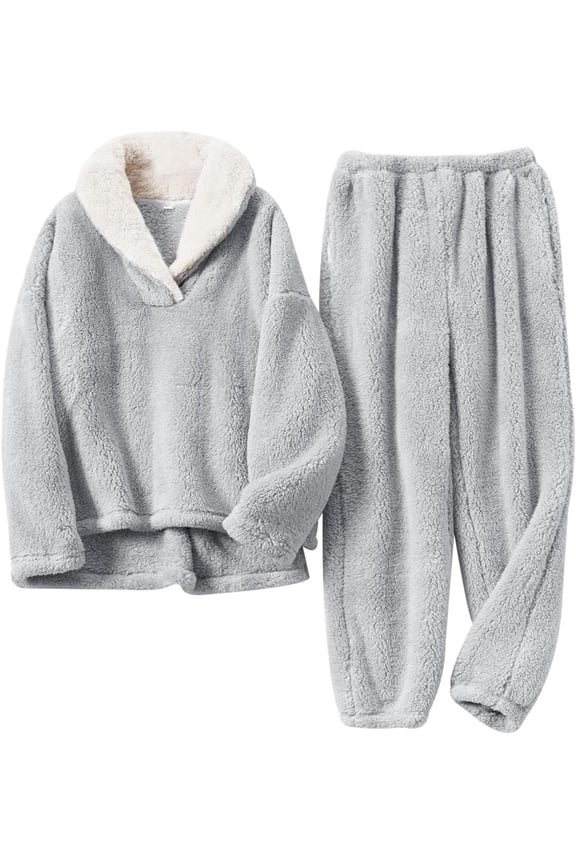 Women' s Fluffy Pajamas Set Fleece Pullover Pants Loose Plush Sleepwear 2 Piece Pjs Set Warm Fuzzy Loungewear