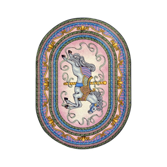Joy Carpets 1473CC-02 Carousel Pink 5 ft.4 in. x 7 ft.8 in. Oval  WearOn Nylon Machine Tufted- Cut Pile Just for Kids Rug