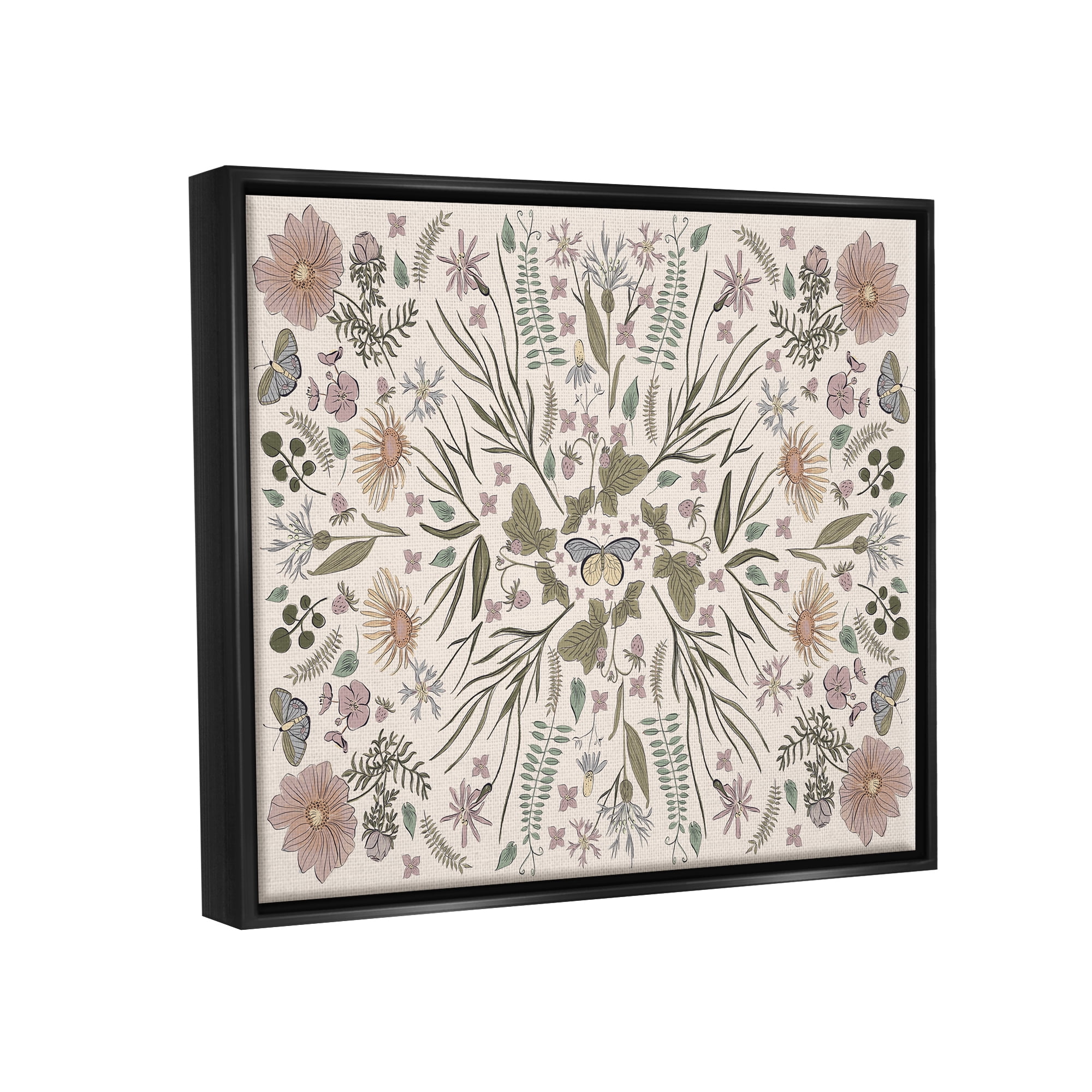 Stupell Industries Delicate Botanical Pattern Intricate Butterfly Insects Motif Graphic Art Jet Black Floating Framed Canvas Print Wall Art, Design by Birgit Maria Kiennast
