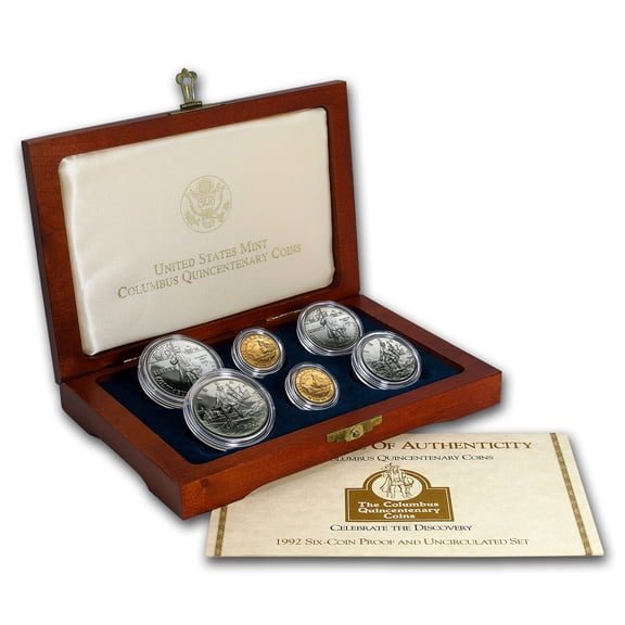 1992 6-Coin Commem Columbus Quincentenary Set BU & Pf (Box & COA)