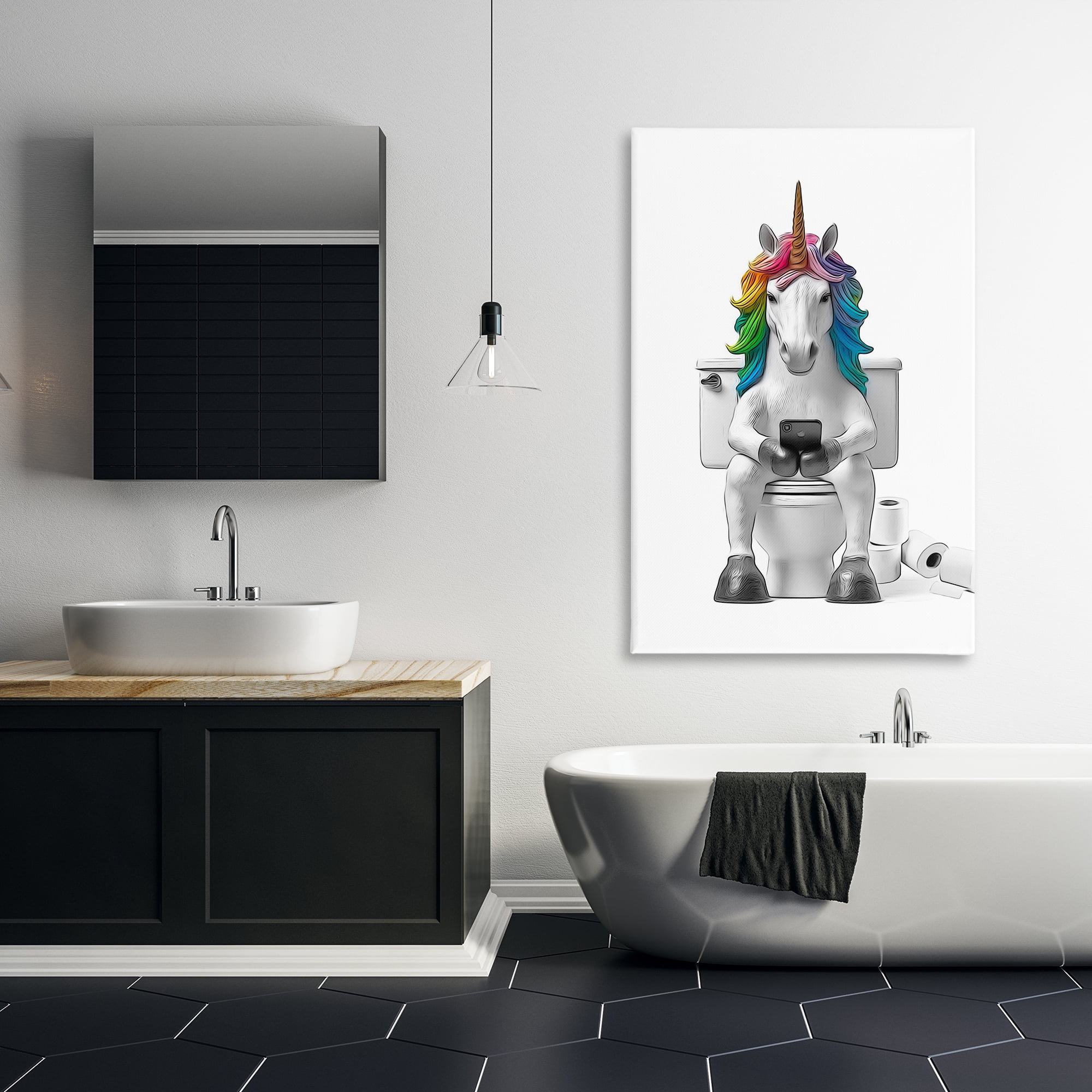 Stupell Industries Unicorn Texting on Toilet Typography Painting Gallery Wrapped Canvas Art Print Wall Art, 30 x 45