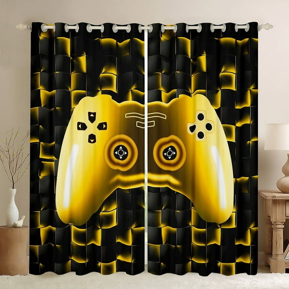 Gamer 30%-50% Blackout Curtains 38"Wx45"L Gaming Curtains & Drapes Black Gold Geometric Game Console Grids Window Curtains For Teen Youth Men Video Game Curtains 2 Panels