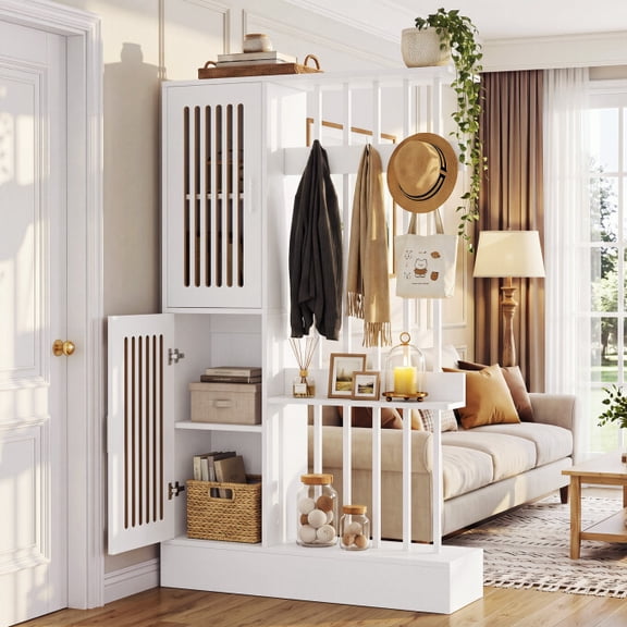 Tribesigns 71" Room Divider with Shelves and Storage Cabinet, Wall Divider, White