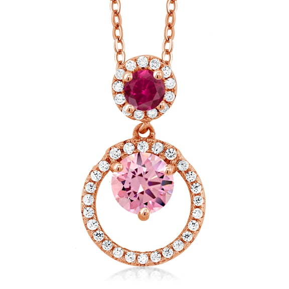 Gem Stone King 18K Rose Gold Plated Silver Pink Zirconia and Red Created Ruby Pendant Necklace for Women (2.35 Cttw, Gemstone, Round 6MM and 4MM)