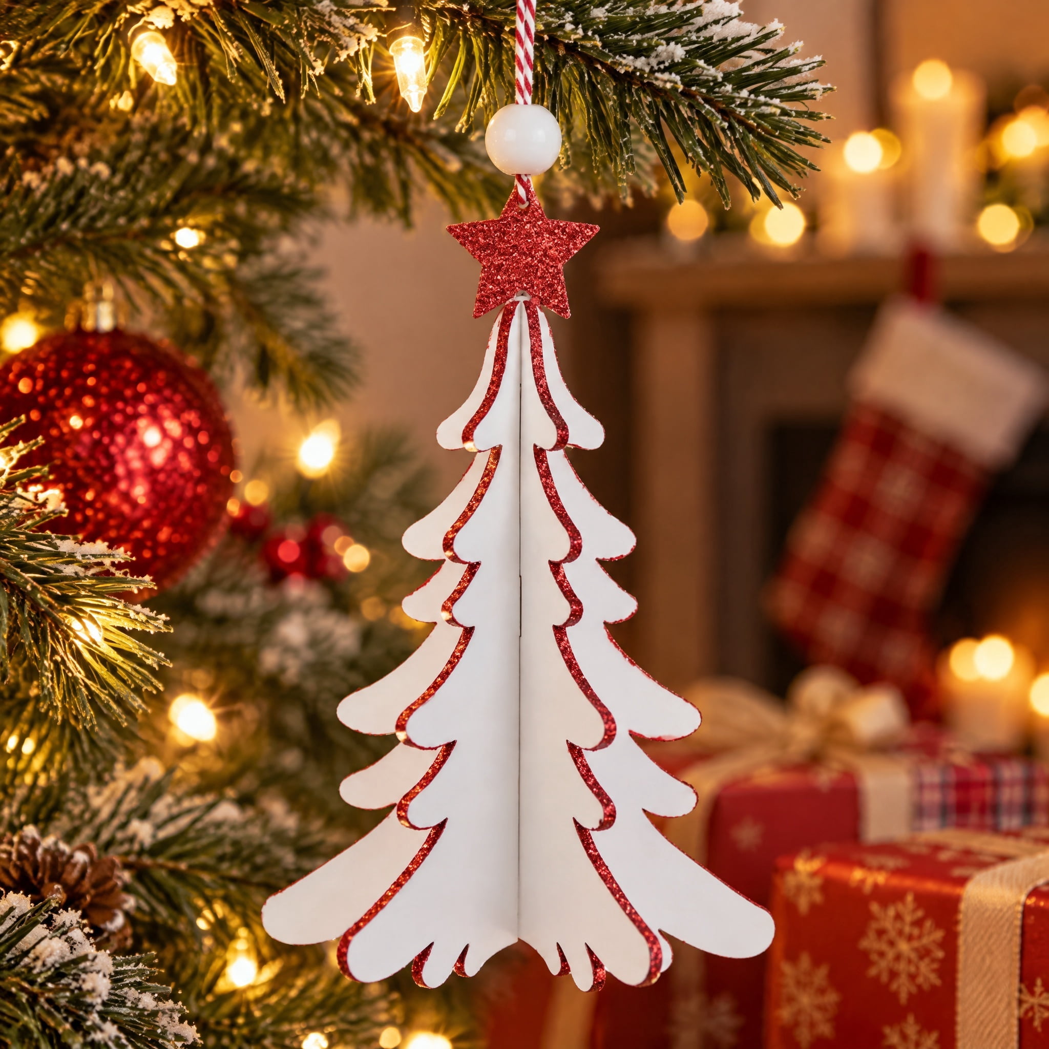 White and Red Wood Tree Christmas Ornament, 6", by Holiday Time