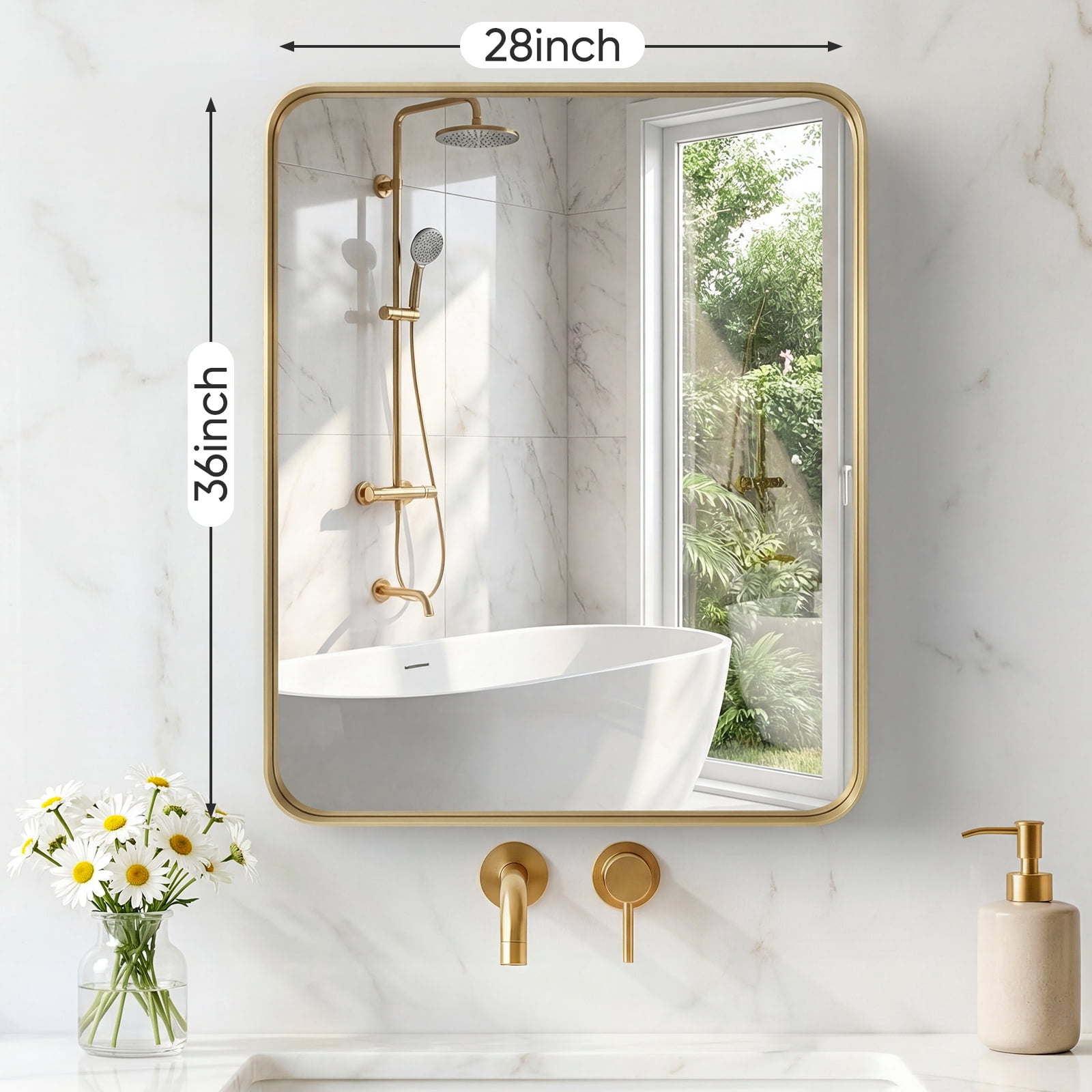 Gianna Anti-Fog Bathroom Wall Mirror – 28" x 36" Shatterproof Vanity Mirror with Rectangular Metal Frame, Gold