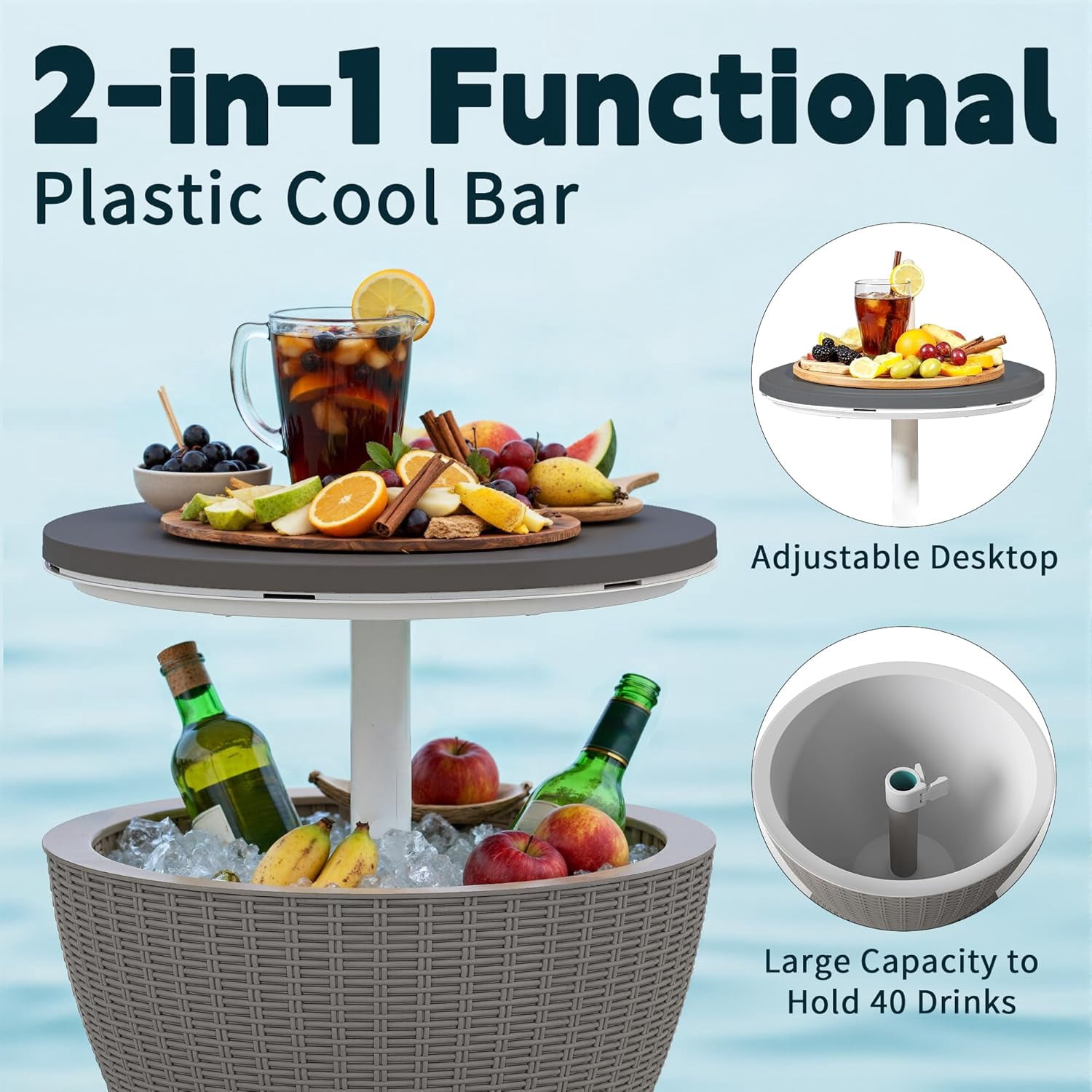 JFTER 3-in-1 Resin Ice Bucket & Beverage Cooler – Wood Look Patio Table, UV Protection & Drain Plug for Outdoor Parties, Bars, and Poolside Use