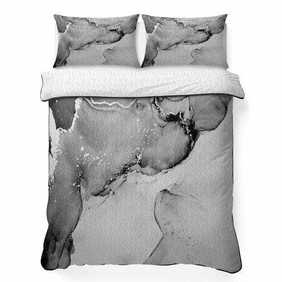 King Quilt Bedding Set, Gray Marble Water Waves 3 Piece Bedding Set Lightweight Breathable Quilt with 2 Pillow Shams, Retro Ripples Abstract Art Soft Microfiber Summer Comforter for Hot Sleepers