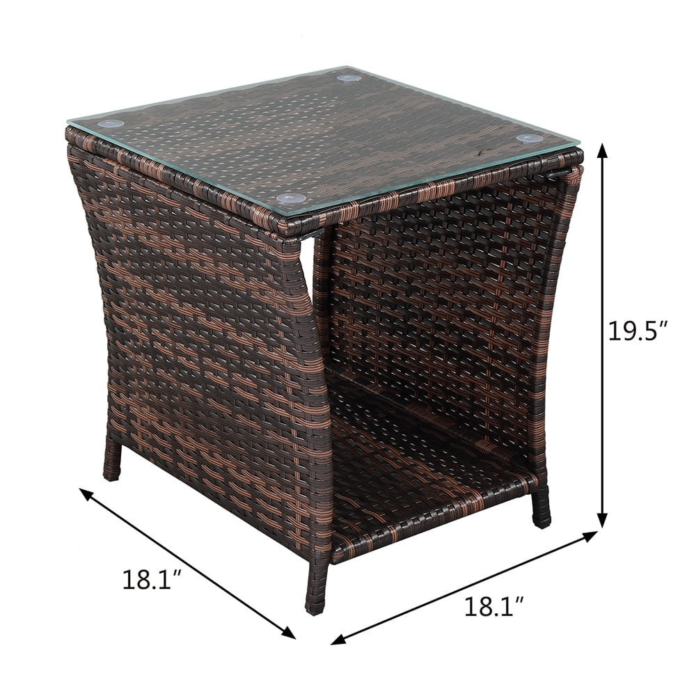 Ktaxon Side Table Porch Square Side Coffee Table with Glass Top, Rattan End Table for Outdoor and Indoor, Brown
