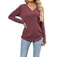 thumbnail image 1 of Womens T Shirts V Neck Long Sleeve Casual Tops Soft Solid Basic Tee Jujube Red S, 1 of 9