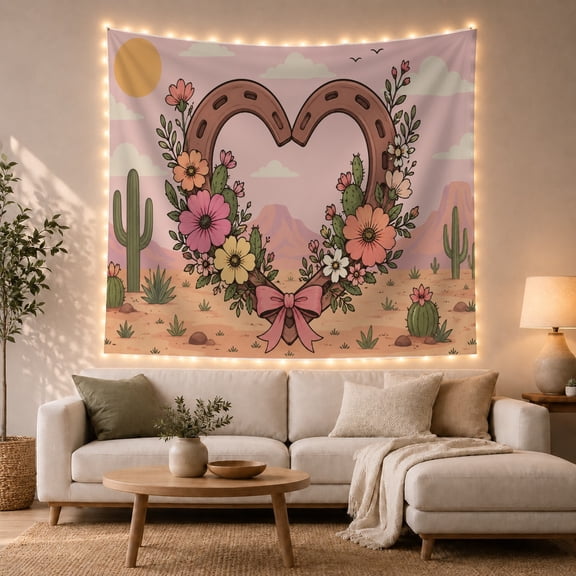 Desert Horseshoe Heart with Flowers and Cacti, Romantic Illustration for Nature Lovers, Western Wall Art Decor, Housewarming Gift Tapestry Wall Hanging for Living Room and Bedroom