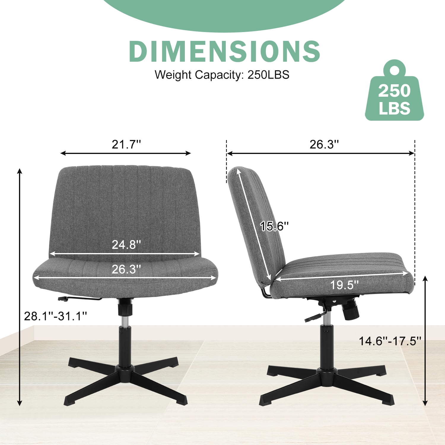 Criss Cross Chair, Armless Cross Legged Desk Chair Wide Seat Computer Task Chair Modern Height Adjustable Mid Back Chair No Wheels （Grey）