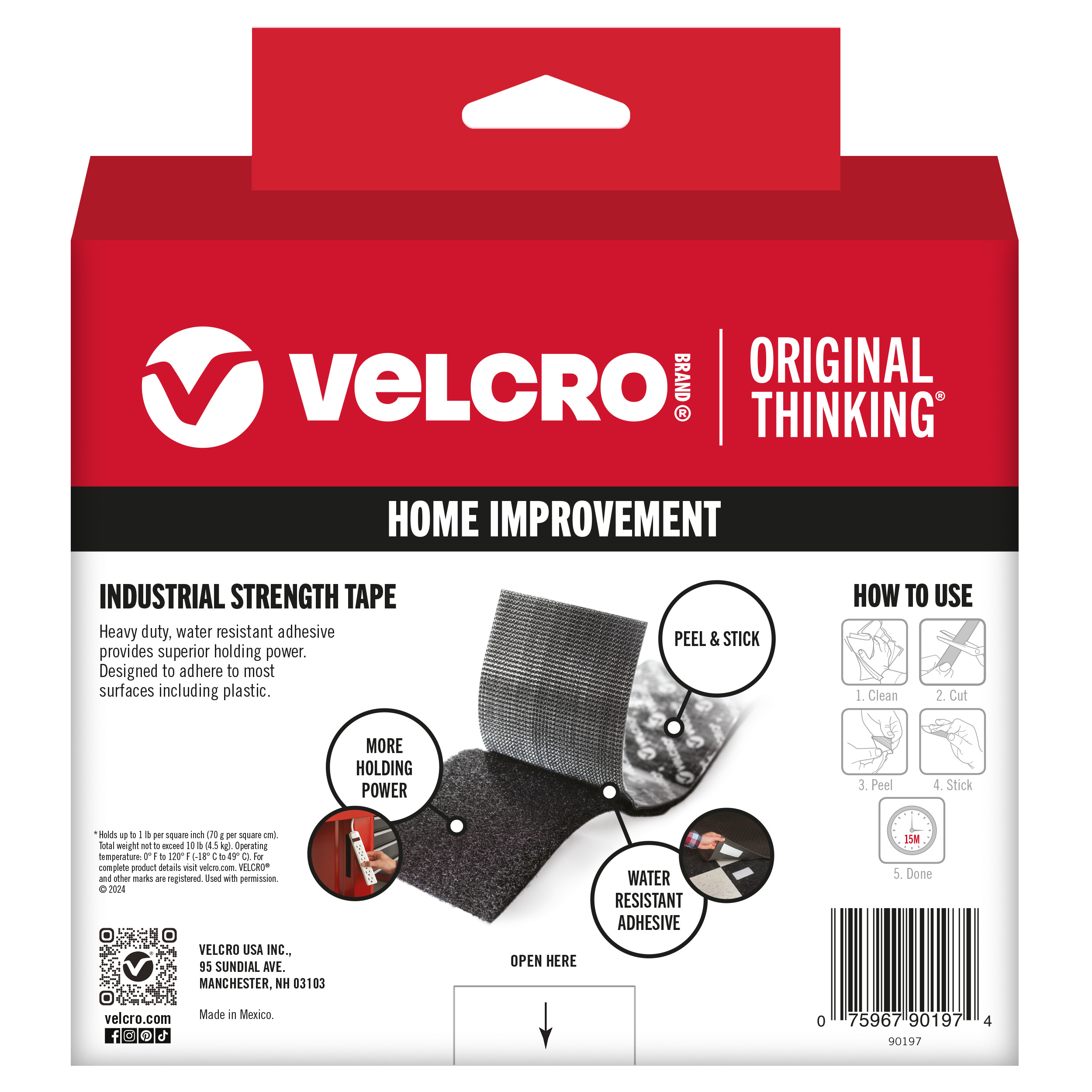 VELCRO Brand Industrial Strength Tape | Indoor & Outdoor Use | Superior Holding Power on Smooth Surfaces | 15ft x 2in Tape | Black