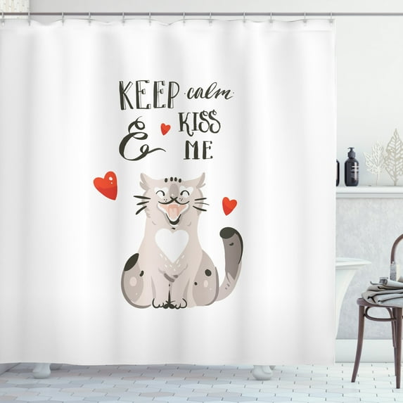 Valentine's Day Shower Curtain, Love Cartoon Happy Cat with Hand Written Kiss Me Quote, Fabric Bathroom Set with Hooks, 69W X 70L Inches, Warm Taupe Vermilion and Black, by Ambesonne