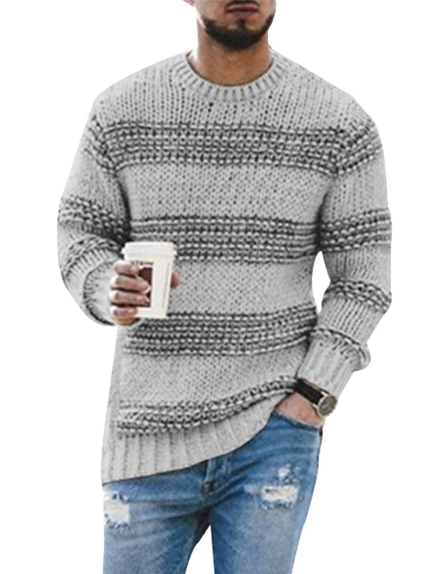 Frontwalk Winter Sweater for Men Striped Splicing Casual Knit Tops ...
