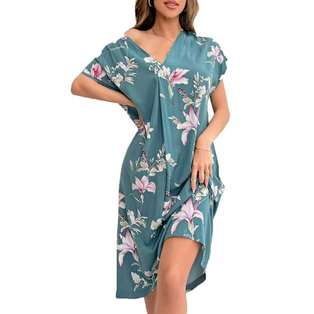 

Casual Floral Print V Neck Sleepshirts Short Sleeve Cadet Blue Women Nightgowns & Nightdress (Women s)