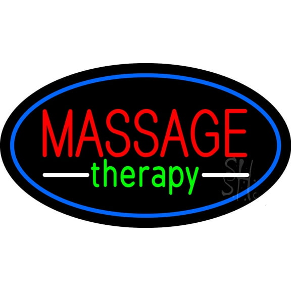 Oval Massage Therapy Blue Border LED Neon Sign 20 x 37 - inches, Black Square Cut Acrylic Backing, with Dimmer - Bright and Premium built indoor LED Neon Sign for Spa interior decor and storefront.