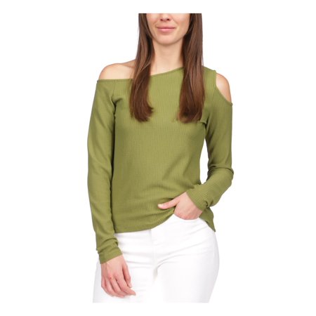 MICHAEL MICHAEL KORS Womens Green Textured Cold Shoulder Logo Plate Pullover Long Sleeve Asymmetrical Neckline Top Petites P\M