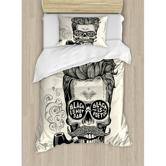 Indie Duvet Cover Set, Hipster Gentleman Skull with Mustache and Eyeglasses with Inscription Vintage, Decorative 2 Piece Bedding Set with 1 Pillow Shams, Twin Size, Black Cream, by Ambesonne