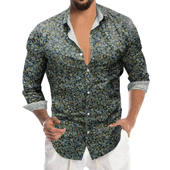SHIXIAOO Mens Long Sleeve Floral Business Hem Button Print Leisure Floral Shirt Zippe Shirt Casual Tee Shirt Jumpsuit Mens Men's Novelty Button down Shirts Mens Tops Beach Fitted T Shirts Flag Shirt