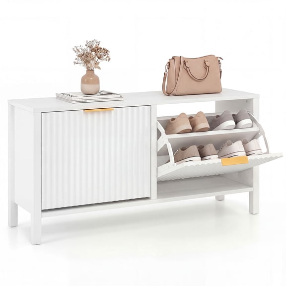 Gymax Shoe Storage Bench Narrow Wooden Entryway Bench w/ 2 Flip Drawers for Hallway
