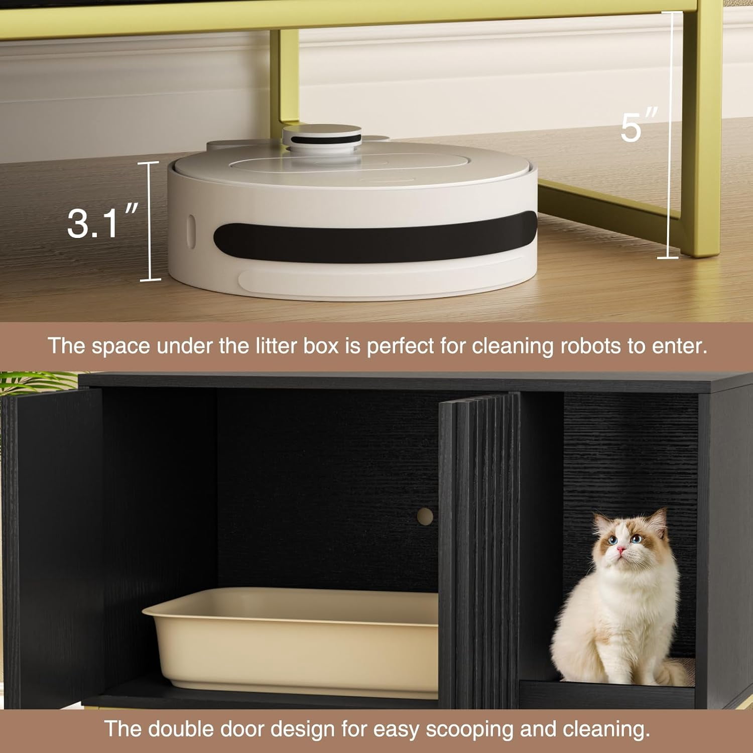 Vabches Hidden Cat Litter Box Enclosure Furniture, Multi-Functional Cat Washroom Bench with Cat Scratching Pad and Fluted Doors