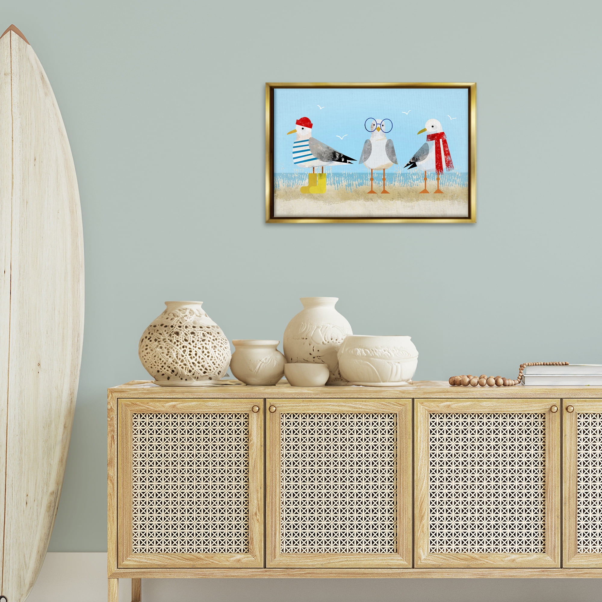 Stupell Industries Seagulls in Winter Clothes Animals Painting Gold Floater Framed Canvas Art Print Wall Art, 25 x 17