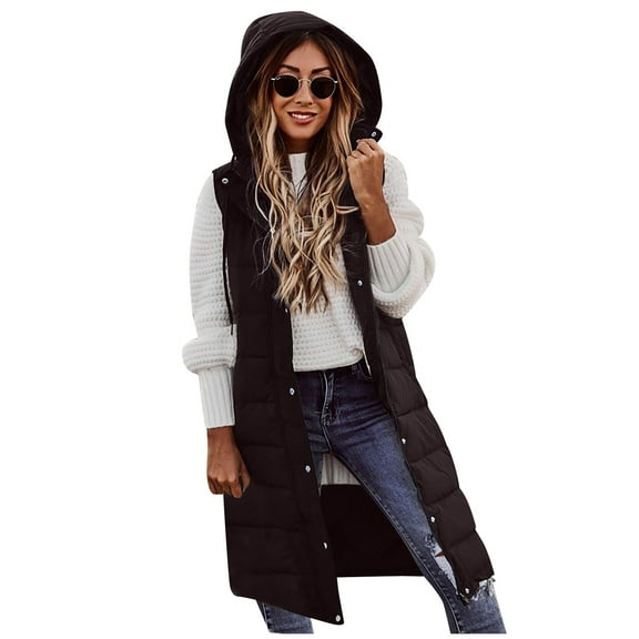 TQWQT Women's Long Quilted Vest Hooded Maxi Length Sleeveless Puffer Vest Padded Coat Winter Outerwear