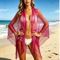 thumbnail image 7 of Hesxuno Mesh Summer Cardigans for Women Longline Beach Open Front Cover Up Fringe Boho Casual Kimono Cardigan Swimwear Bikini Coverup Red Free Size, 7 of 7