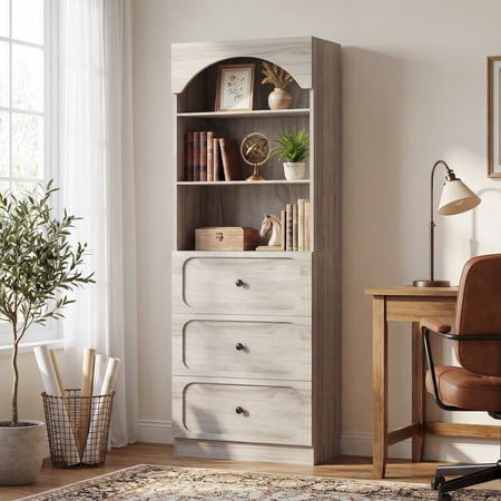 Homieasy 80" Tall Arched Bookcase with 3 Drawers & 3 Open Shelves - Wooden Storage Cabinet for Living Room, Kitchen, Office,White Oak