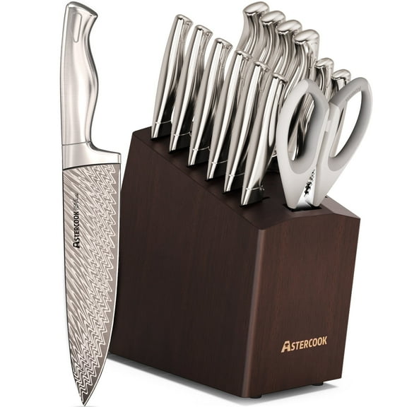 Astercook 14-Piece Knife Set, Full Tang Kitchen Knife Sets with Block and Built-in Sharpener, German Stainless Steel Knives Block Sets Dishwasher Safe