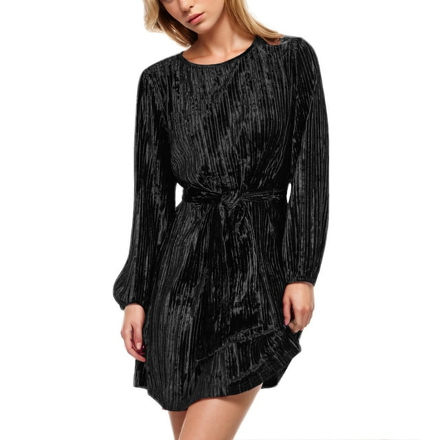 cfhntfmh Robes en Velours pour Femmes Confortable Col Ras du Cou Manches Longues Robe Mini Douce Ceinturée Couleur Unie Robe Courte d'Automne
