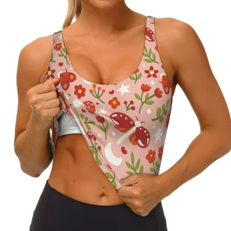 Qokaie Dragonfly Mushroom Pattern Womens Scoop Neck Sports Bra Breathable Workout Vest Padded U Back Medium Impact Fitness Gym Yoga Bra Workout Crop Top