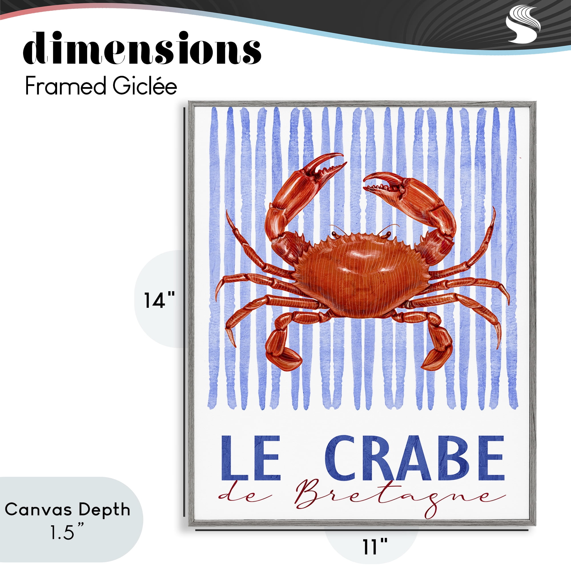 Stupell Industries Le Crabe Nautical Stripes Gray Framed Giclee Art, design by Kim Allen