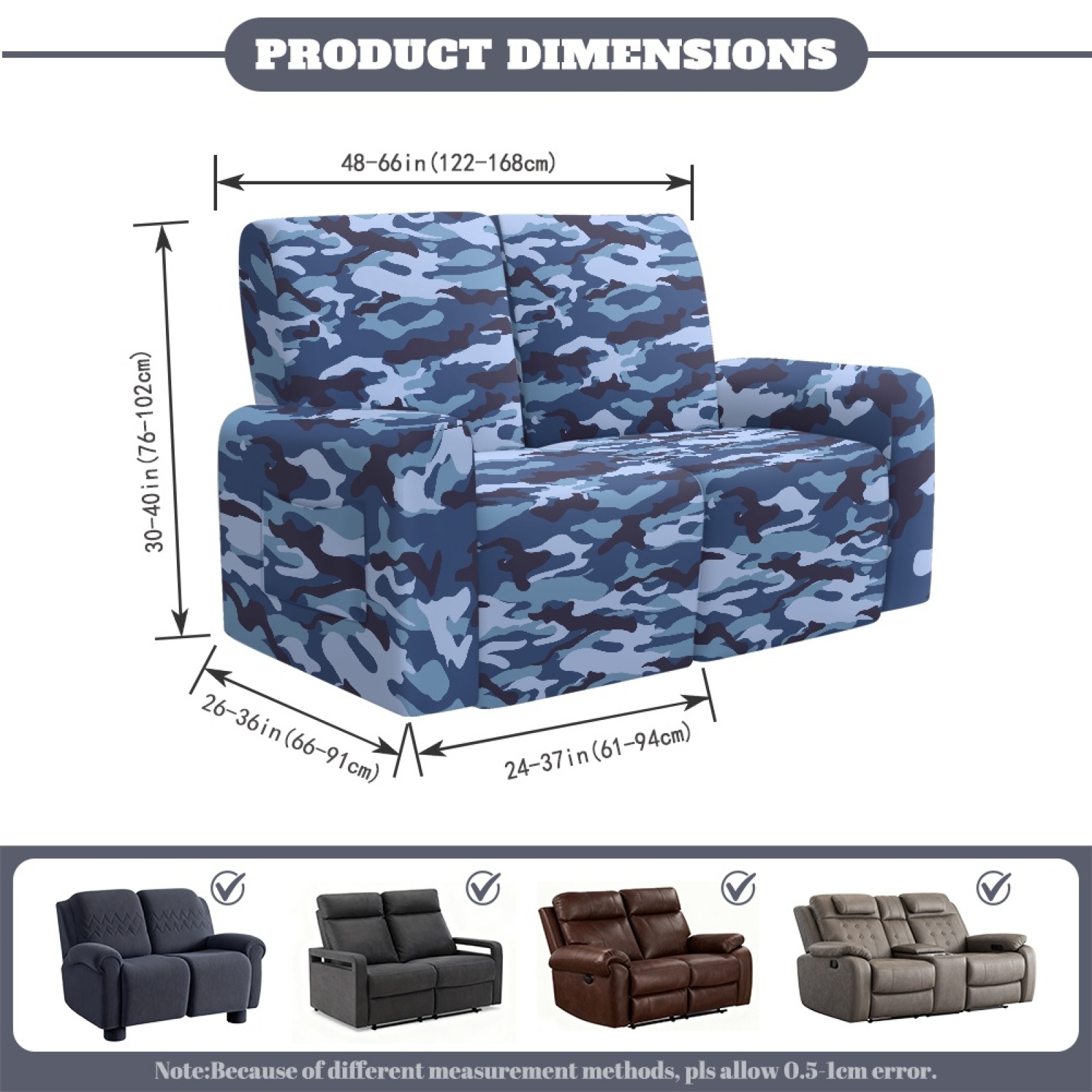 Xoenoiee Blue Camo Print Recliner Loveseat Slipcover, 6 Pieces Recliner Sofa Covers for 2 Seat Dual Reclining Loveseat Couch, Stretch Soft Jacquard Furniture Protector with Elasticity