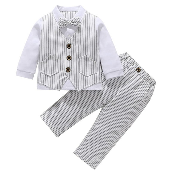 GigrtiJin 6 Months-6 Years Infant Baby Cotton 3 Piece Set Button Vest Lapel Long Sleeve Shirt with Bow Tie Elastic Waisted Pants