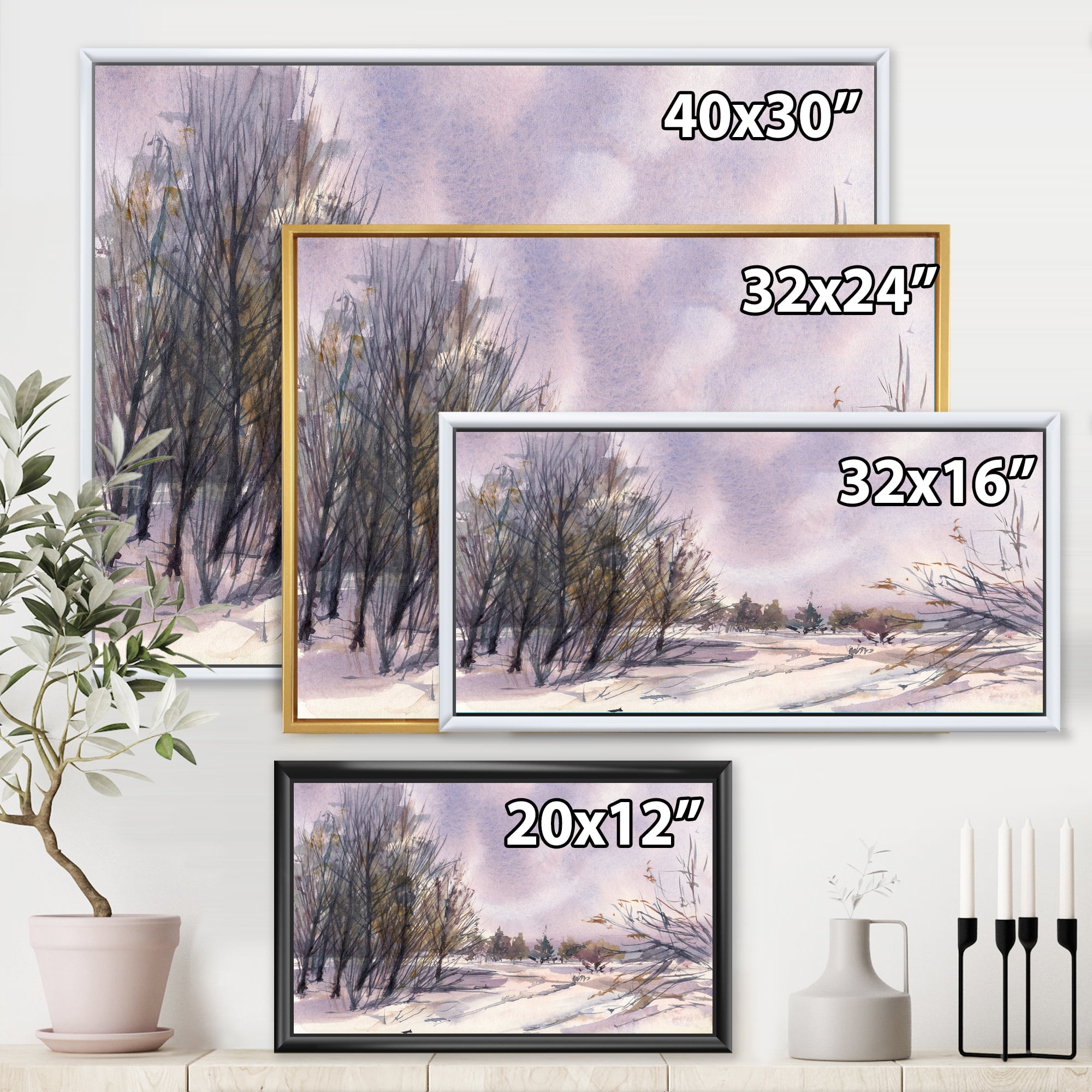 Designart 'Purple Snowy Tones With Winter Landscape' Traditional Framed Canvas Wall Art Print