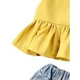 thumbnail image 4 of Toddler Kids Baby Girls Clothes Sets Orange Solid Sleeveless Belt Ruffles Vest Dress+Denim Shorts 3pcs, 4 of 8