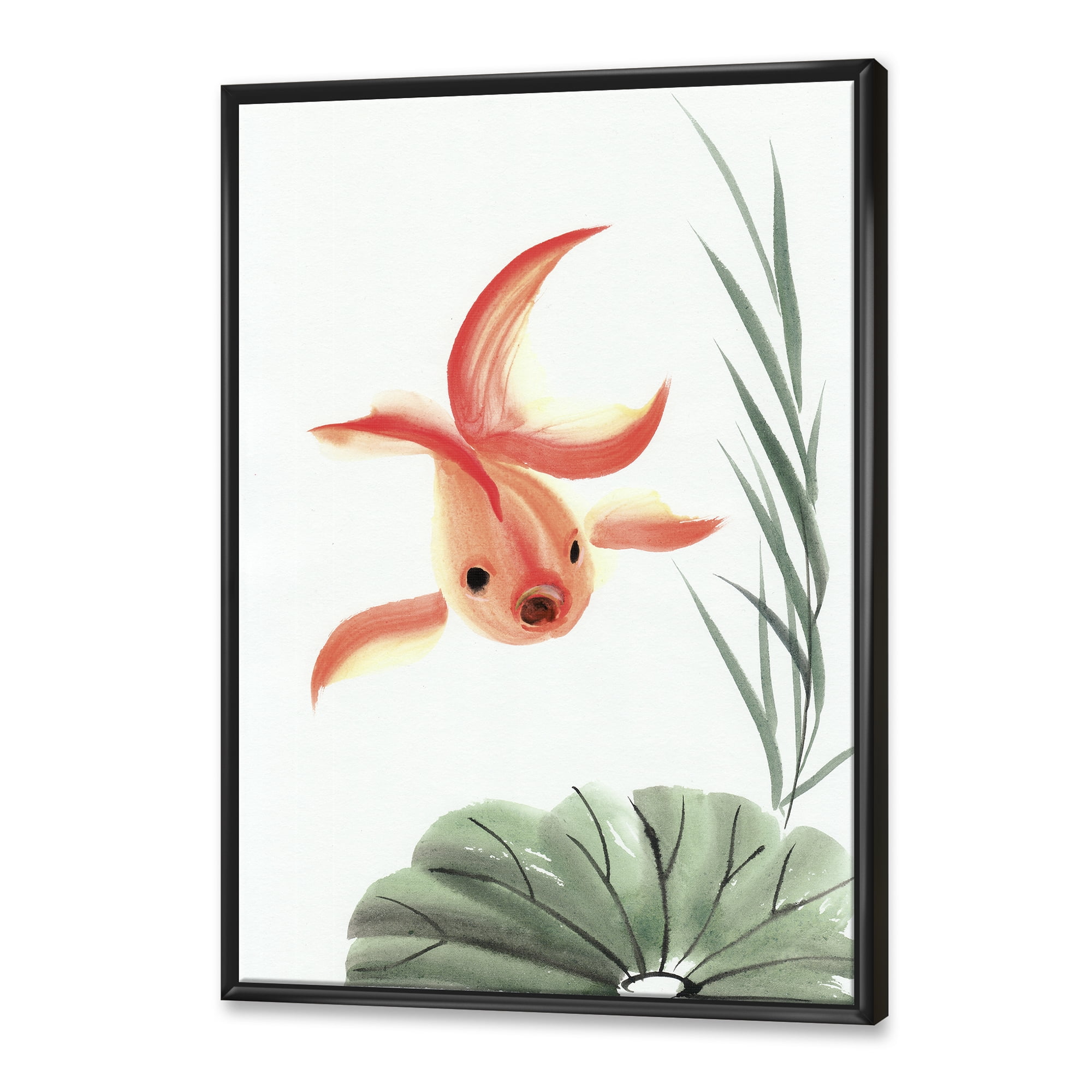 Ancient Goldfish and The Lotus Leaf 12 in x 20 in Framed Painting Canvas Art Print, by Designart